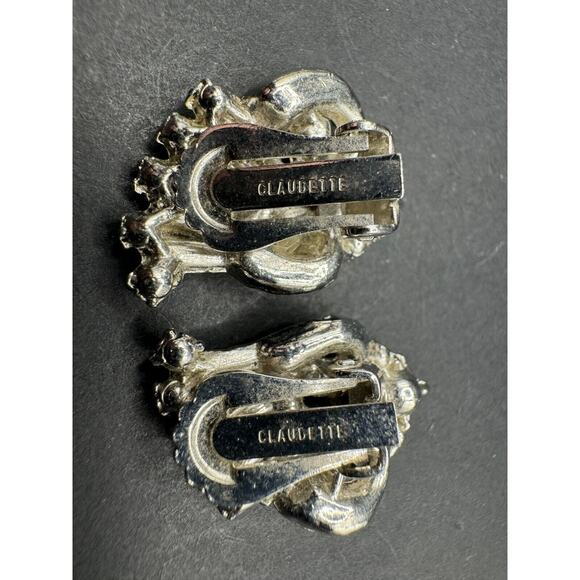 Vtg Claudette Crystal Clear Rhinestones Silver Tone Metal Clip On Earrings - Picture 4 of 7